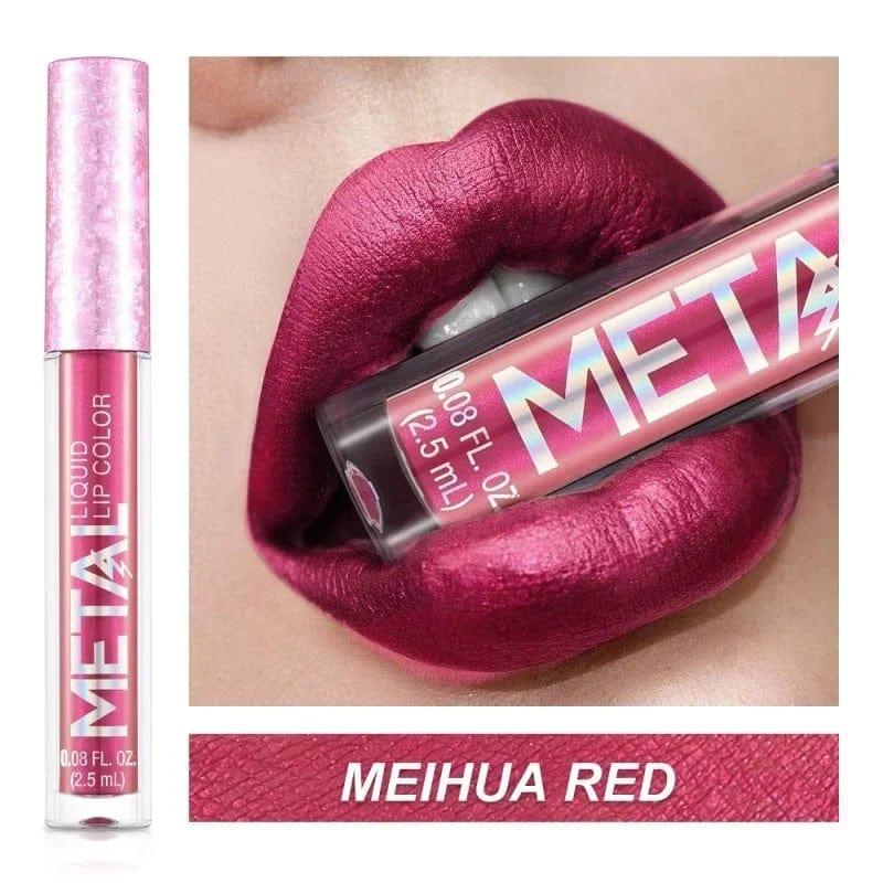 Showlu Metallic Matte Liquid Lipstick with shimmering, waterproof finish, featuring a long-lasting, non-stick application in 12 vibrant colors.