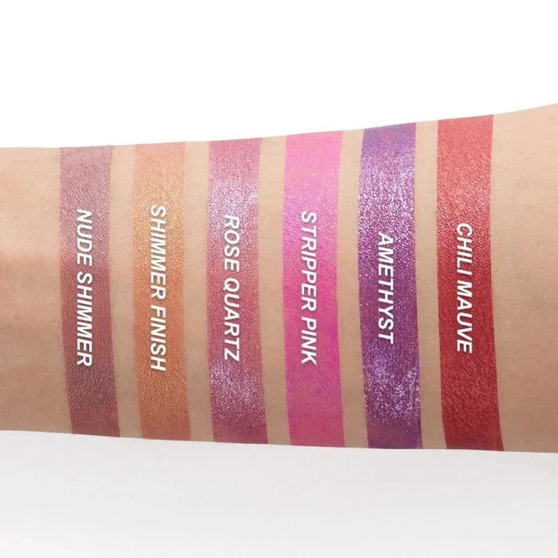 Showlu Metallic Matte Liquid Lipstick in shimmer finish, waterproof and long-lasting, with a glossy, non-stick lip gloss in 12 vibrant shades.