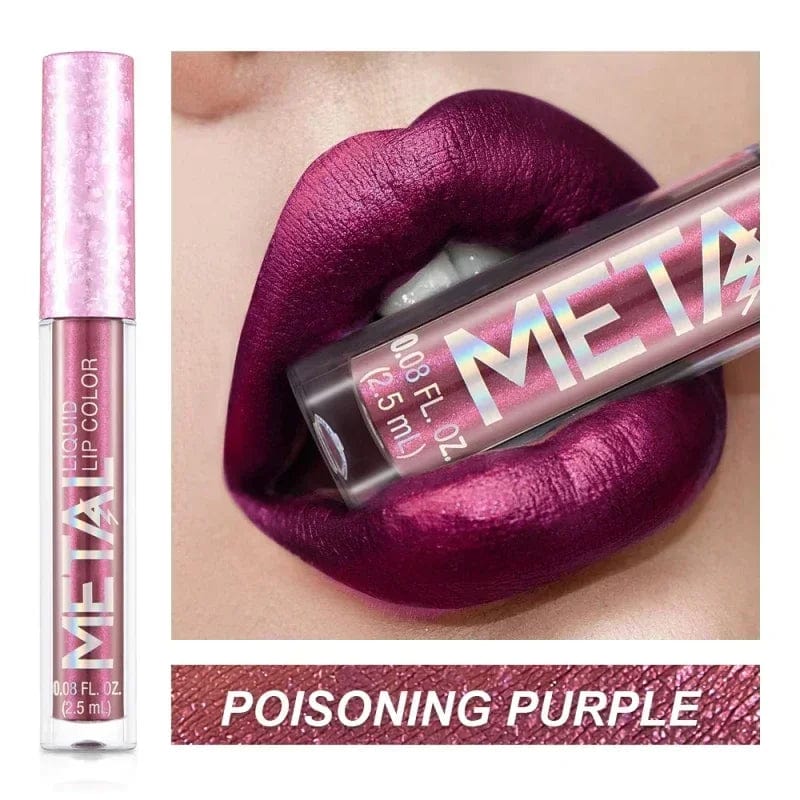 Showlu Metallic Matte Liquid Lipstick in shimmering shades, waterproof, long-lasting, non-stick, with a glossy lip finish.