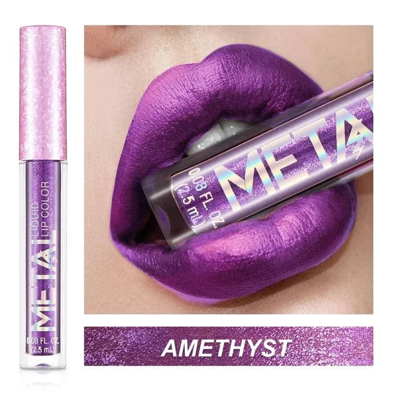 Showlu Metallic Matte Liquid Lipstick with shimmering finish, waterproof and long-lasting, displayed with multiple lip gloss shades.
