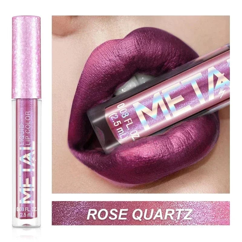Showlu Metallic Matte Liquid Lipstick in shimmering, waterproof formula, applied on lips with 12 color options visible.