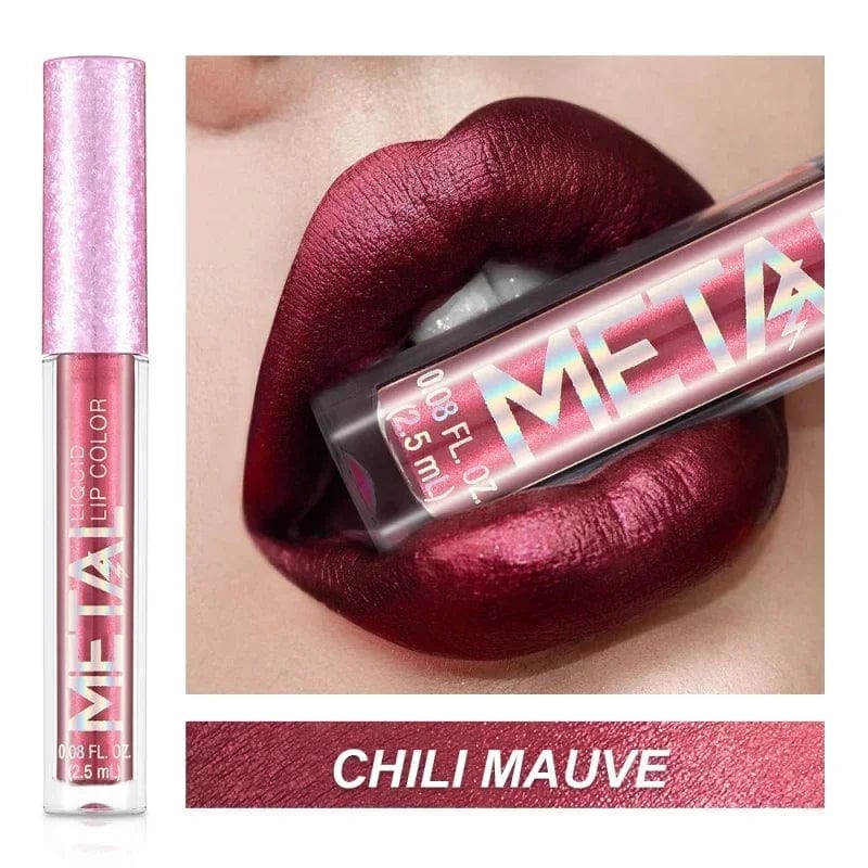 Showlu Metallic Matte Liquid Lipstick in shimmering, waterproof formula, featuring long-lasting, non-stick lip gloss in 12 vibrant colors.