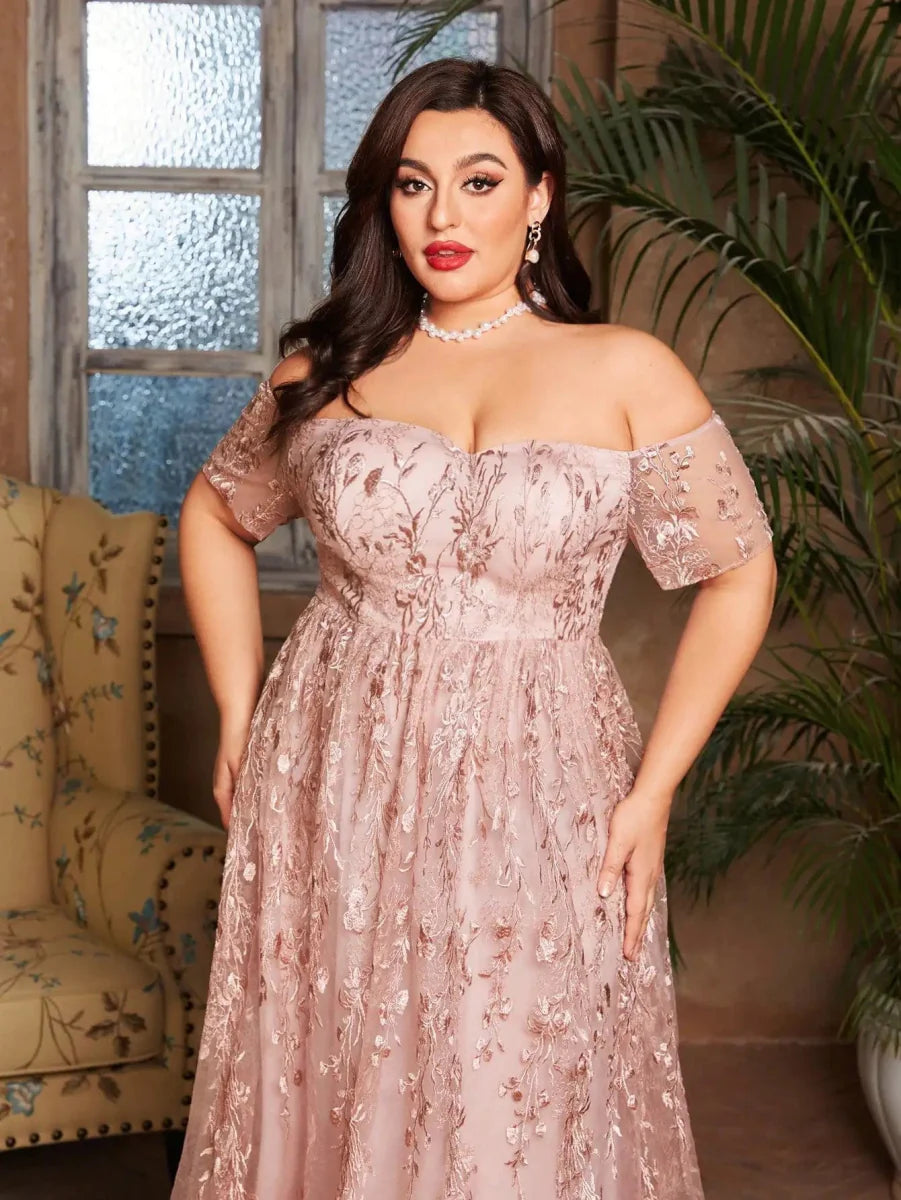 Plus size Mgiacy embroidered lace evening gown by SHOWLU FASHION, featuring a romantic long skirt and elegant short sleeves.