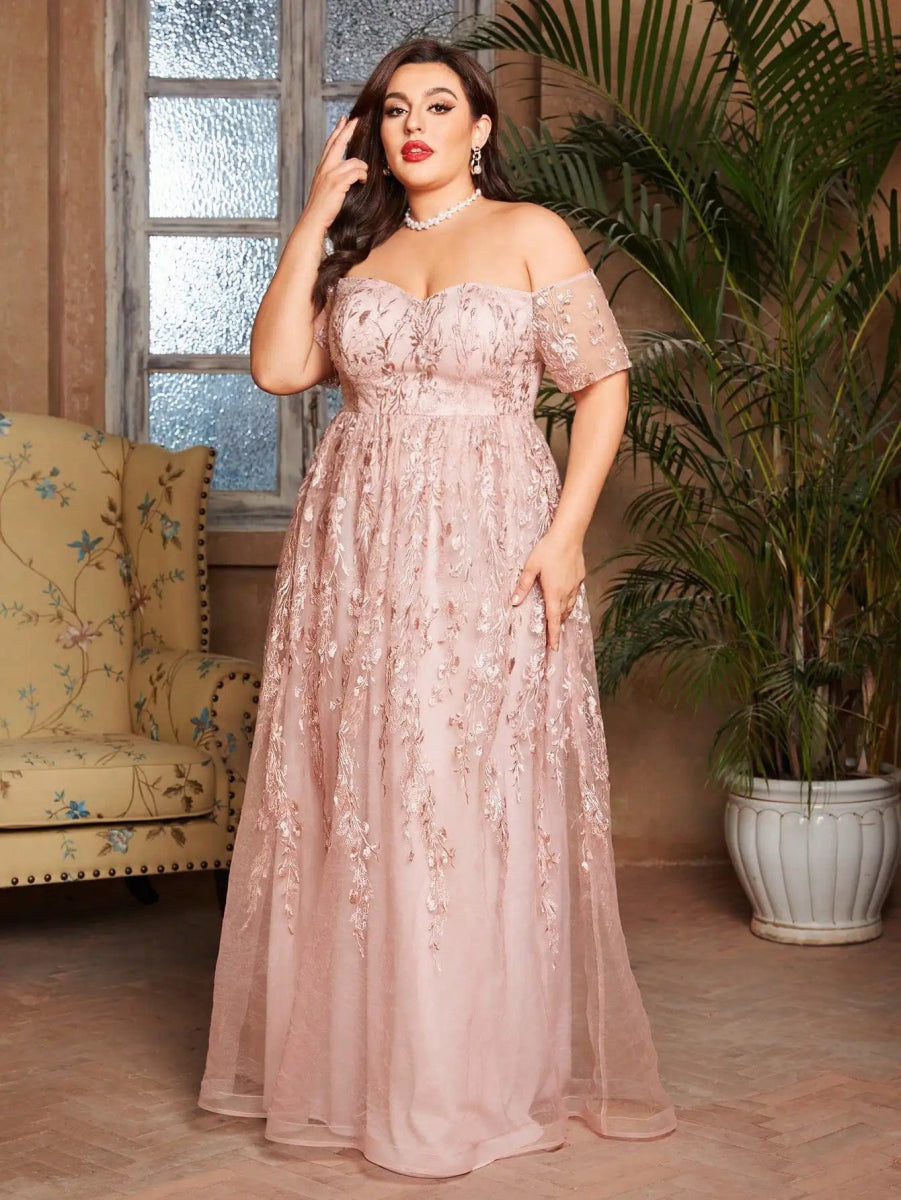 Mgiacy plus size Line neck short sleeve romantic embroidered lace long skirt Evening gown ball dress Party dress - SHOWLU FASHION STORE