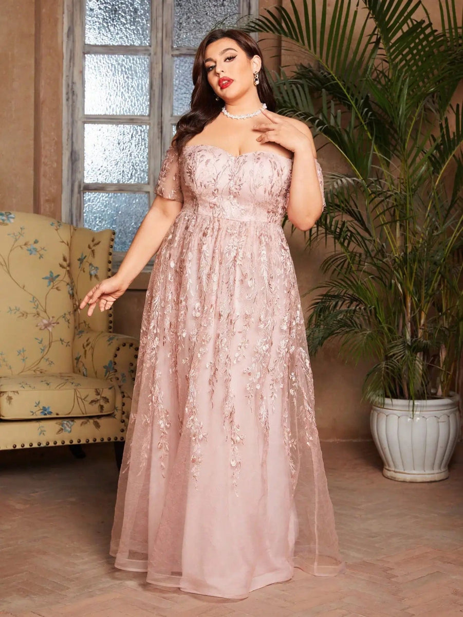 Mgiacy plus size Line neck short sleeve romantic embroidered lace long skirt Evening gown ball dress Party dress - SHOWLU FASHION STORE