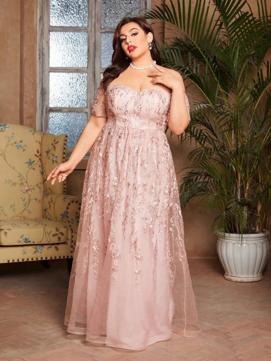 Plus size embroidered lace evening gown by SHOWLU FASHION STORE featuring a romantic fairycore ball dress with a long skirt and short sleeves.