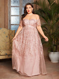 Plus size embroidered lace evening gown with short sleeves and long skirt, perfect for fairycore ball or party occasions.