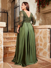 Mgiacy plus size V - neck lace embroidery Mosaic satin cloth hand - folded long skirt Evening gown ball dress Party dress - SHOWLU FASHION STORE