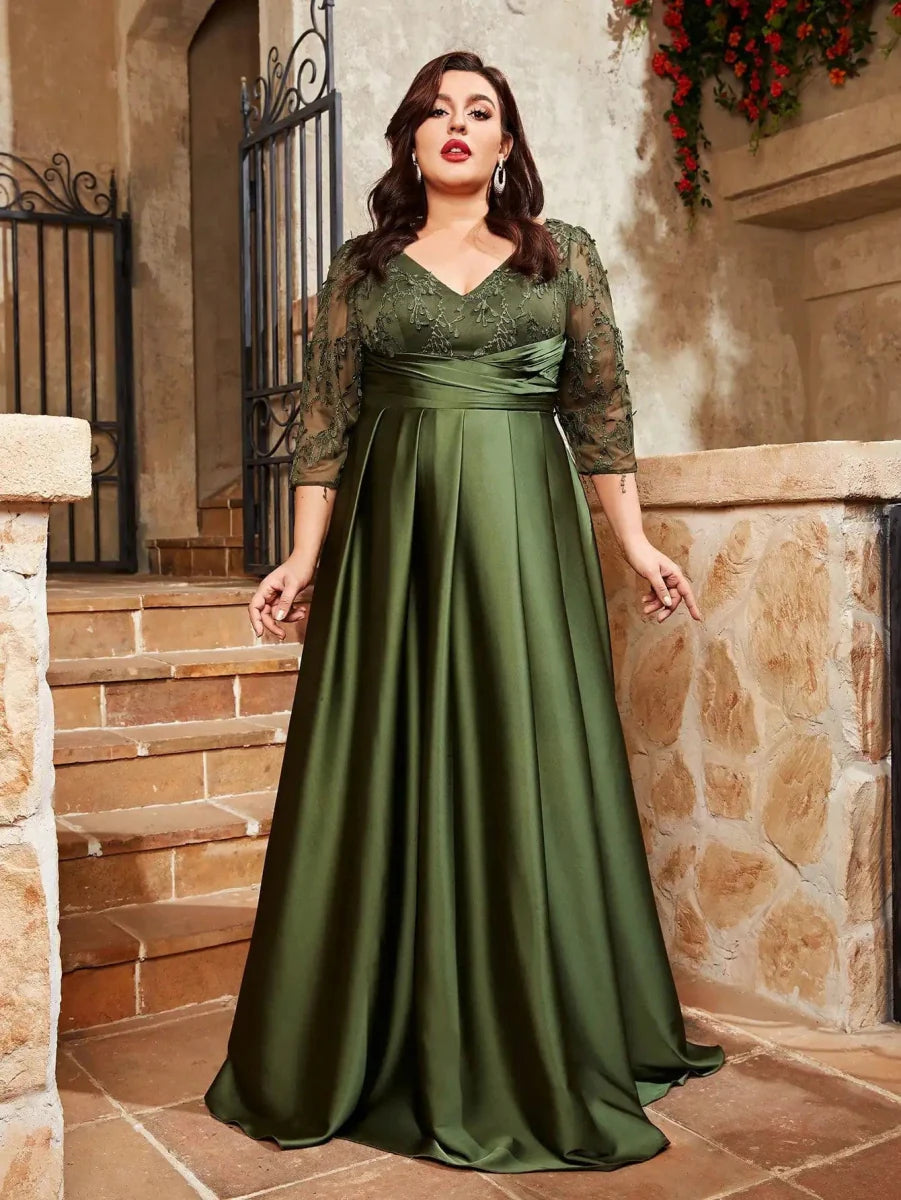 Plus size SHOWLU FASHION V-neck satin evening gown with lace embroidery, long skirt, perfect for parties and formal events.