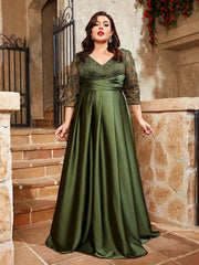Mgiacy plus size V - neck lace embroidery Mosaic satin cloth hand - folded long skirt Evening gown ball dress Party dress - SHOWLU FASHION STORE
