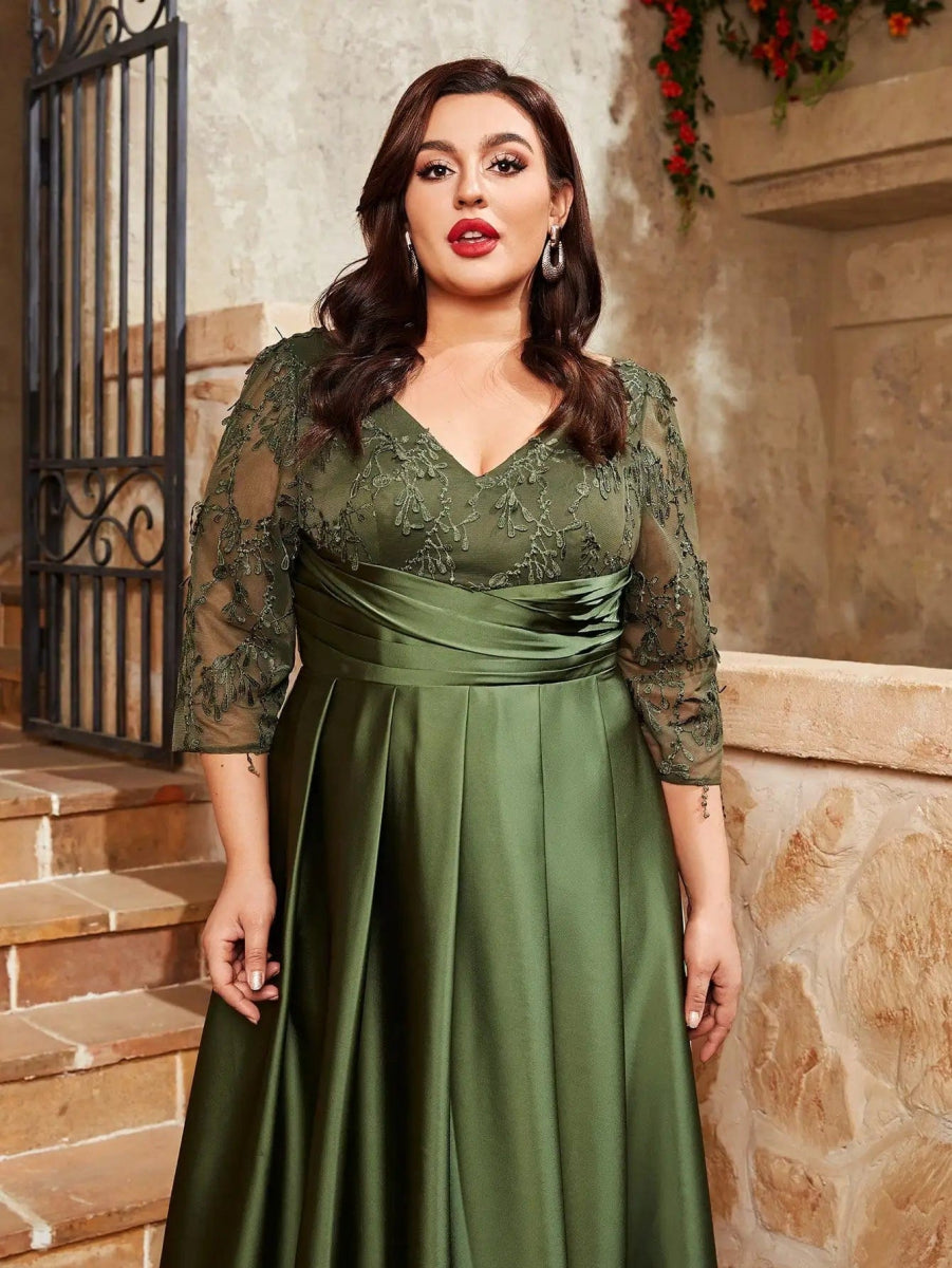 Mgiacy plus size V - neck lace embroidery Mosaic satin cloth hand - folded long skirt Evening gown ball dress Party dress - SHOWLU FASHION STORE