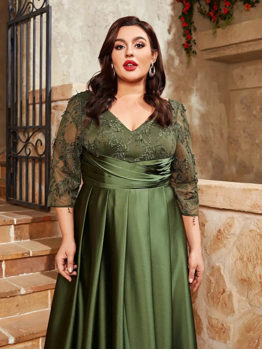 Plus size V-neck satin evening gown with lace embroidery and mosaic details, featuring a long, elegant skirt for formal parties.