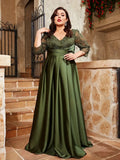 Plus size V-neck lace embroidery satin evening gown with long skirt, perfect for parties and formal events.