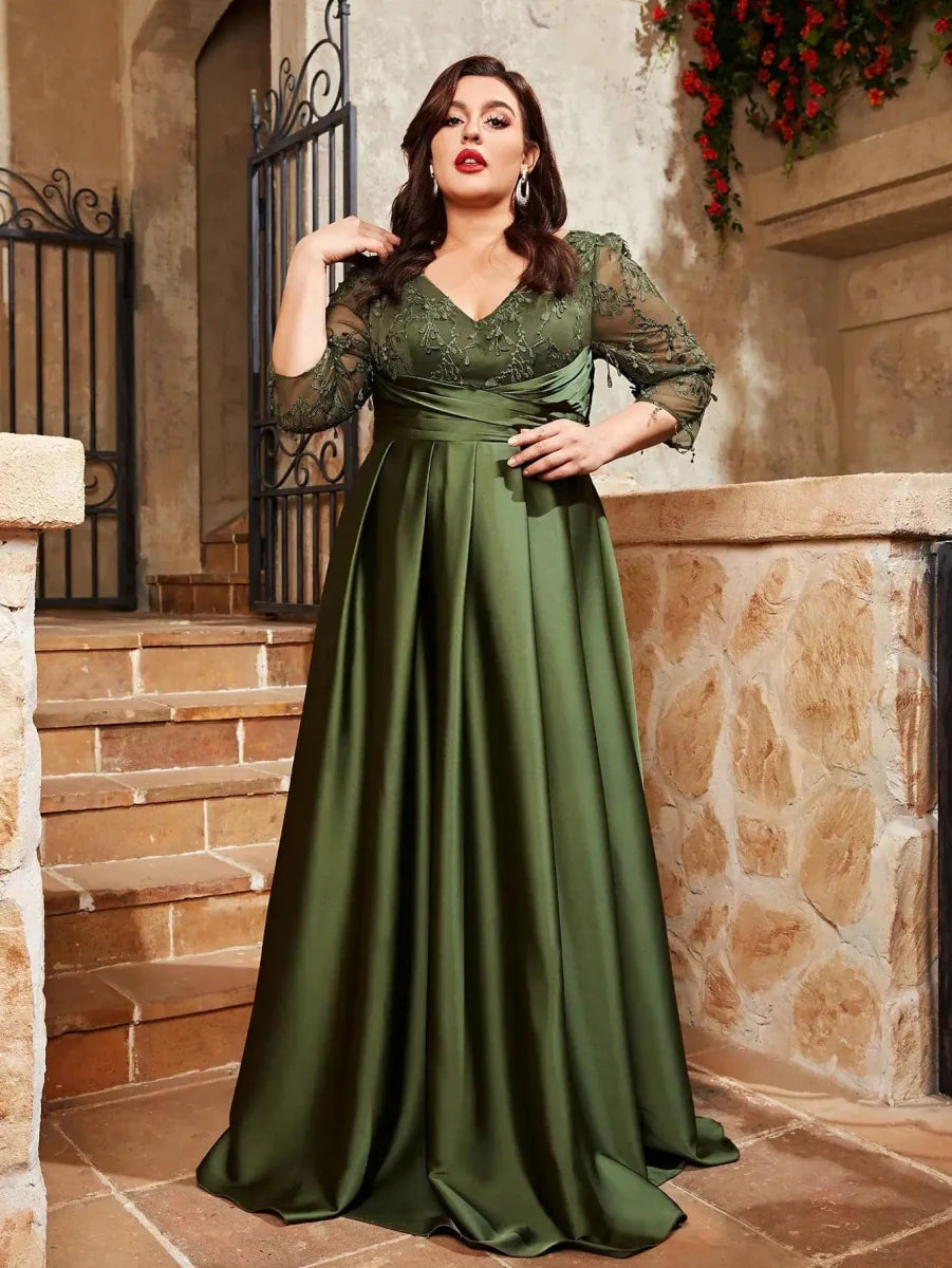 Plus size V-neck lace embroidery satin evening gown with long skirt, perfect for parties and formal events.