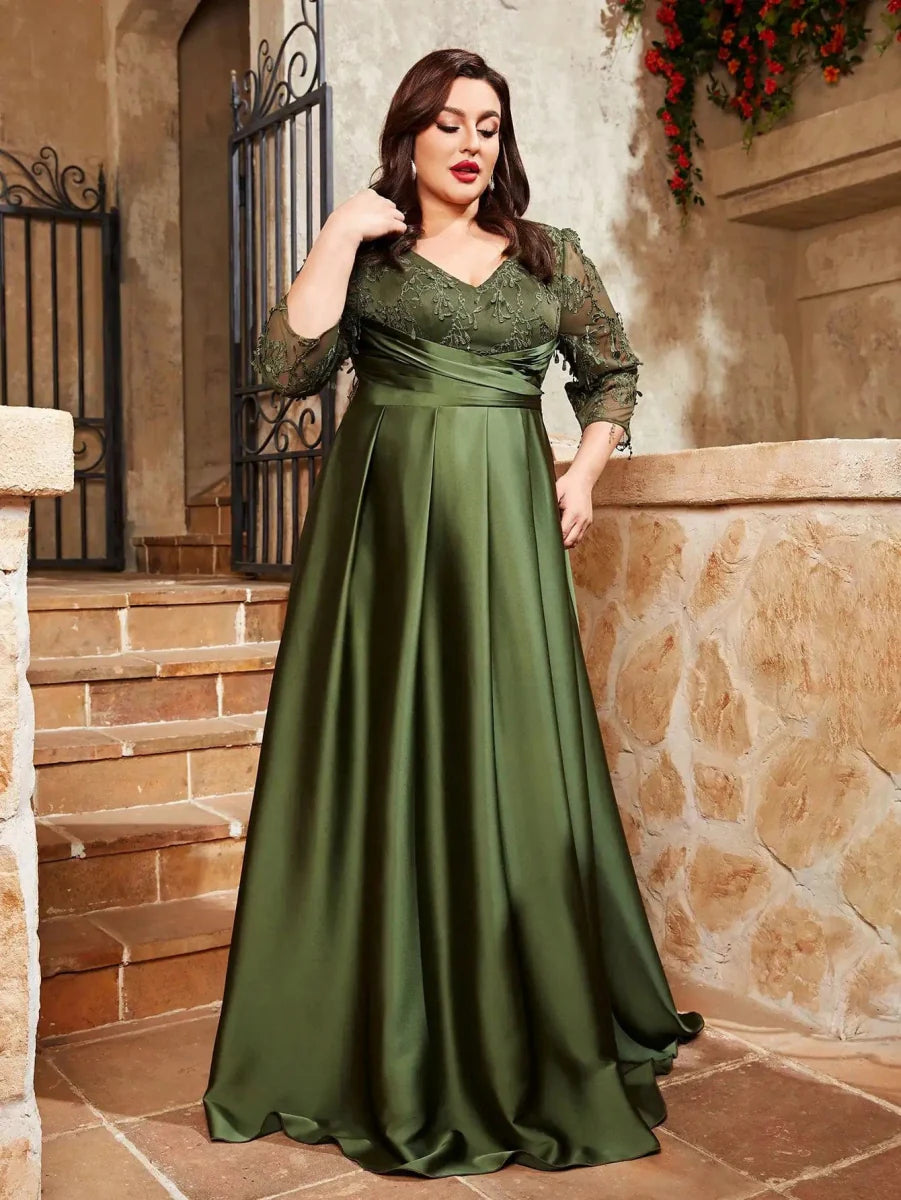 Plus size SHOWLU FASHION V-neck lace embroidery satin evening gown with long skirt, perfect for parties and formal events.