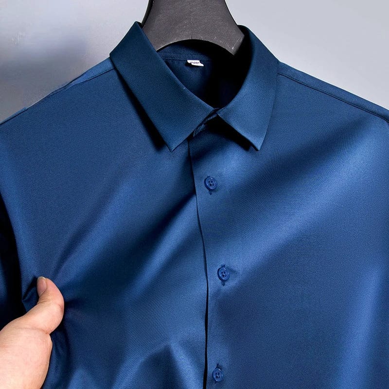 SHOWLU men's slim fit long sleeve work shirt in micro elastic broadcloth, available in white, black, and blue, casual and formal style