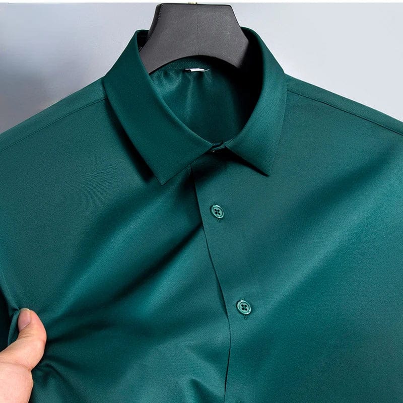 SHOWLU Men's slim fit long sleeve work shirt in micro elastic broadcloth, available in white, black, and blue, casual and formal style