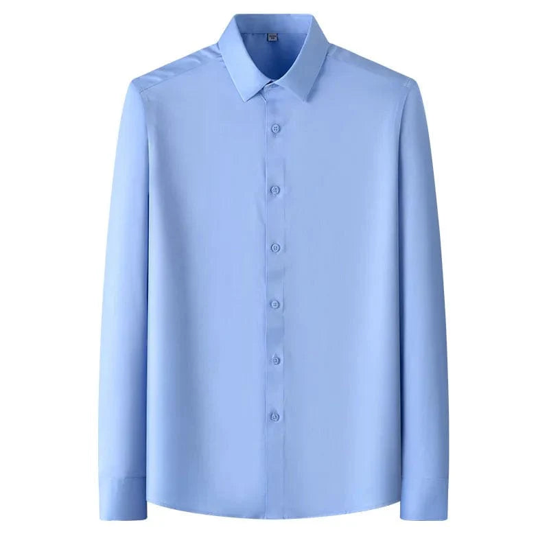SHOWLU men's slim fit long sleeve work shirt in white, black, or blue made of micro-elastic broadcloth, casual yet professional style