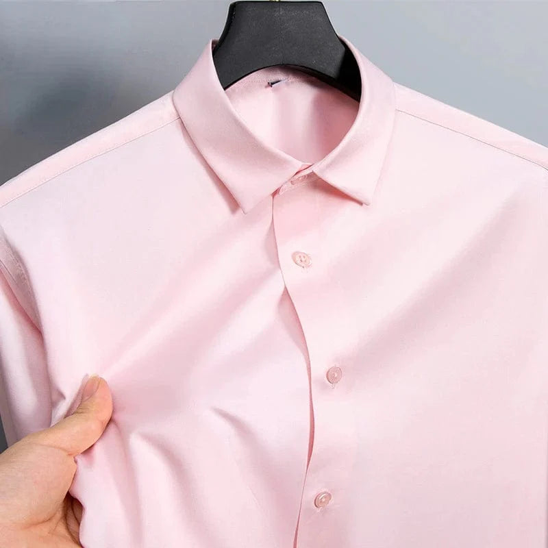 SHOWLU men's slim fit long sleeve work shirt in micro elastic broadcloth, available in white, black, and blue, casual and formal style