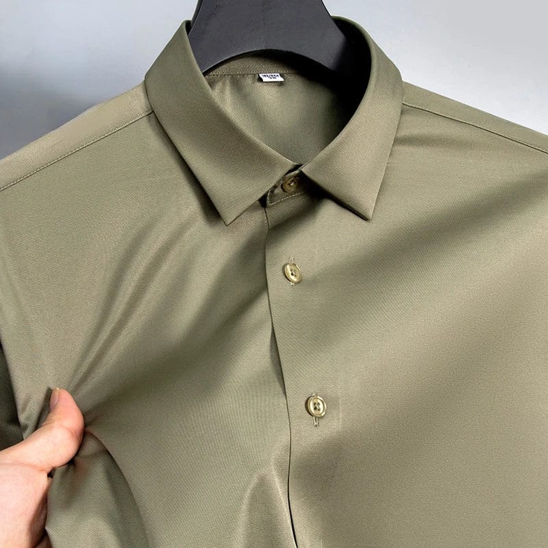SHOWLU men's slim fit long sleeve work shirt in micro elastic broadcloth, available in white, black, and blue, casual and formal style