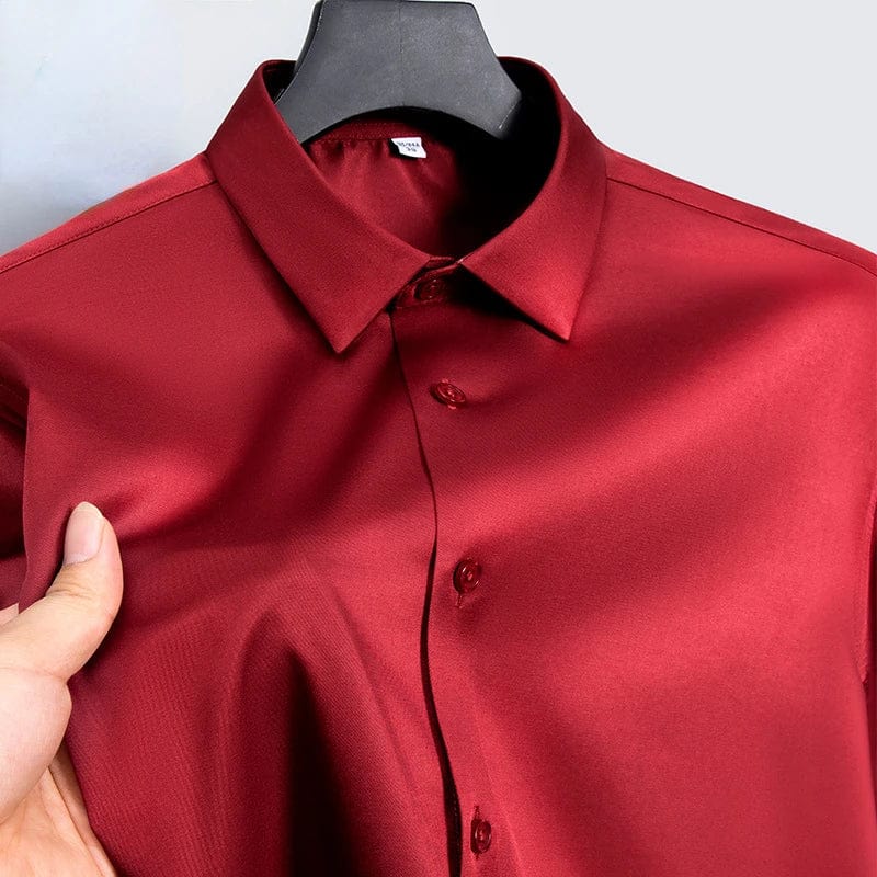 SHOWLU men's slim fit long sleeve work shirt in micro elastic broadcloth, available in white, black, and blue, casual and formal style