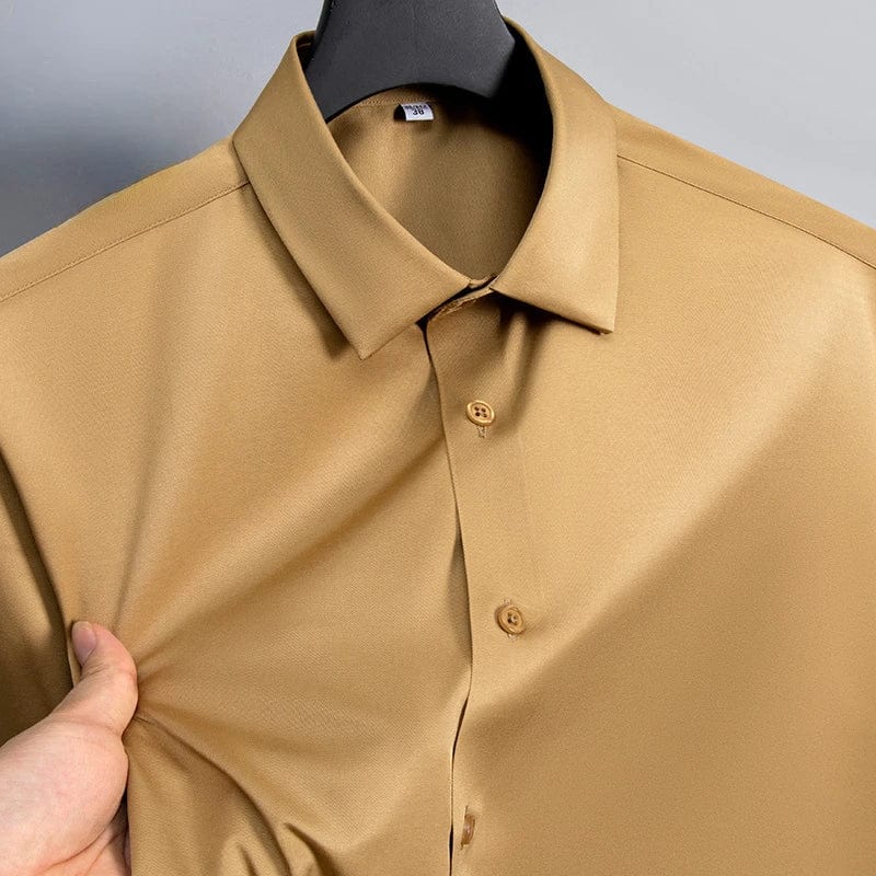 SHOWLU men's slim fit long sleeve work shirt in micro elastic broadcloth, available in white, black, and blue, casual and formal style