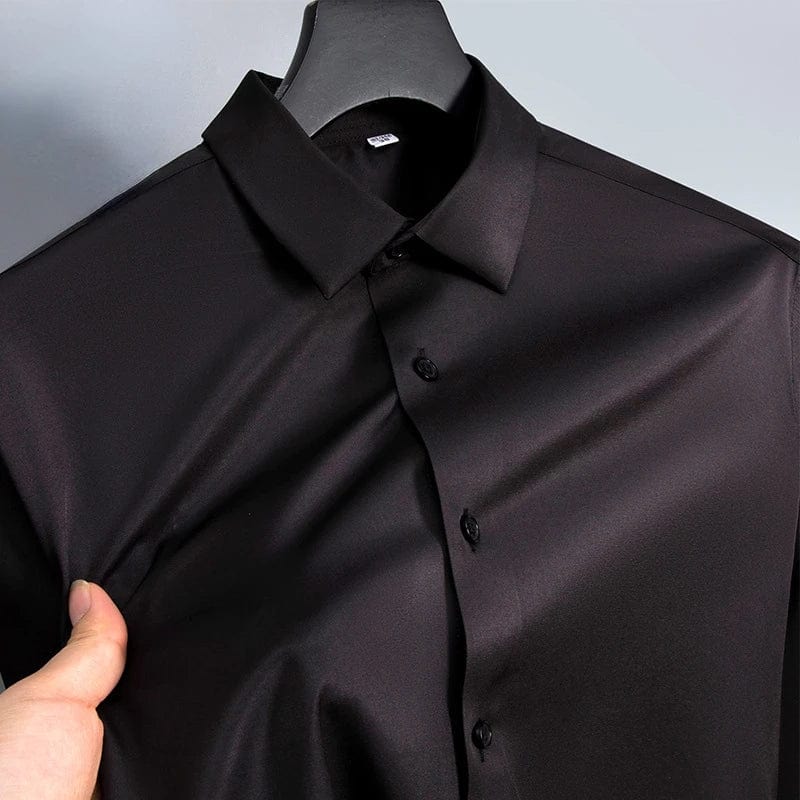 SHOWLU Men's slim fit long sleeve work shirt in micro elastic broadcloth, in white, black, or blue, casual and formal style.