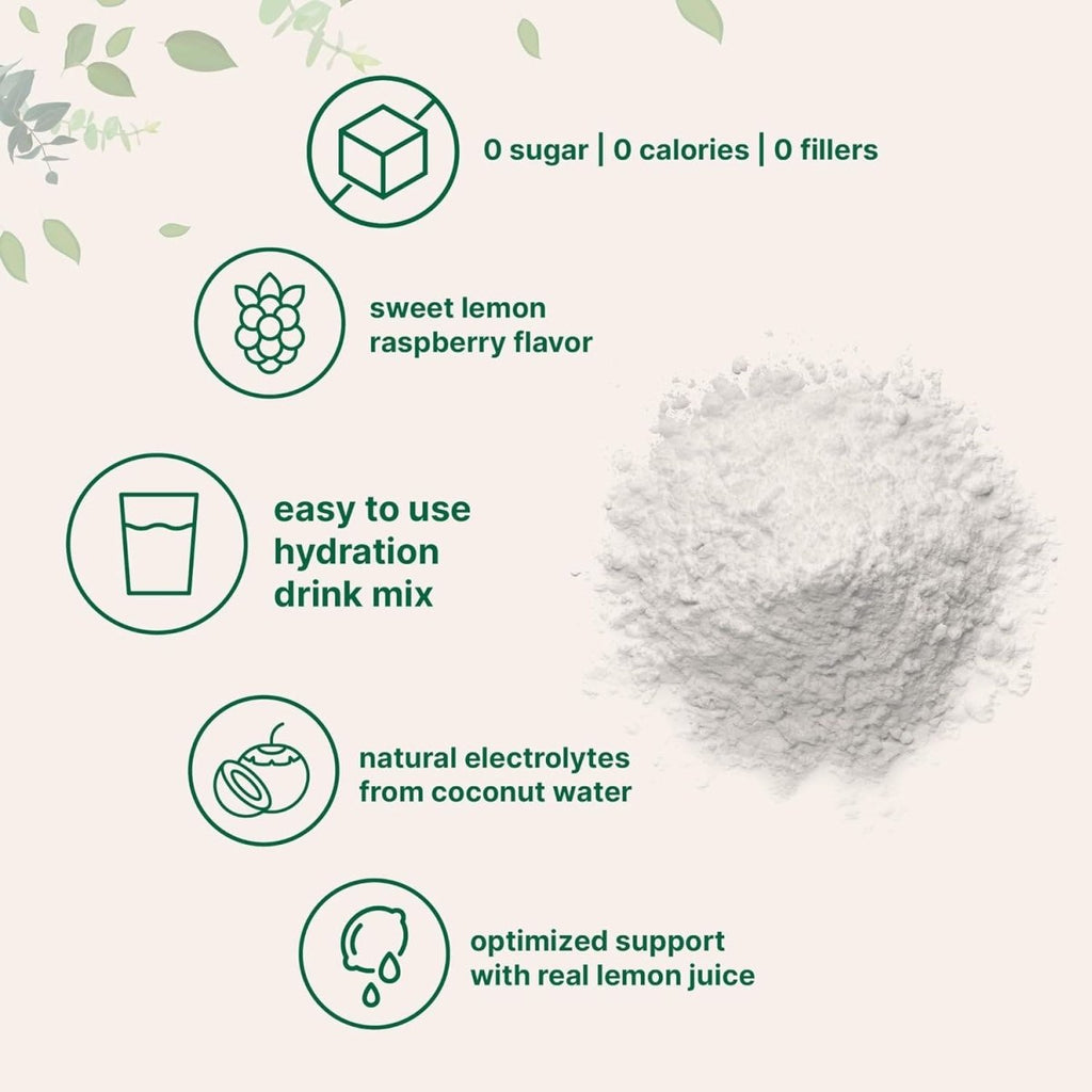 Micro Ingredients Electrolyte Powder in Lemon Raspberry flavor, showing a 2lb container with serving scoops and lemon-raspberry flavor details.