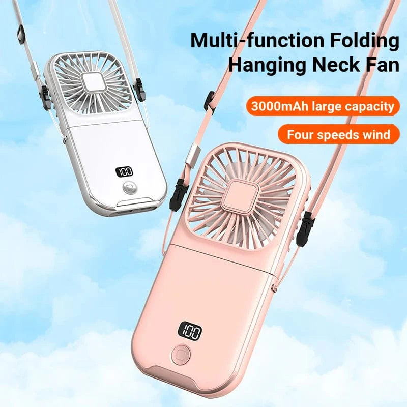 Himist portable neck fan with 3000mAh battery, USB rechargeable, foldable design, ideal for outdoor cooling and personal use.