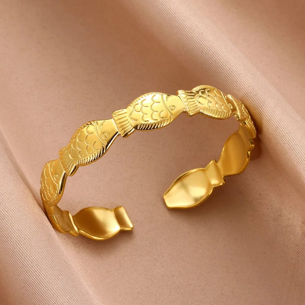 Minimalist stainless steel cuff bracelet in vintage gold color, stylish bangle for women, daily wear jewelry with textured charm.