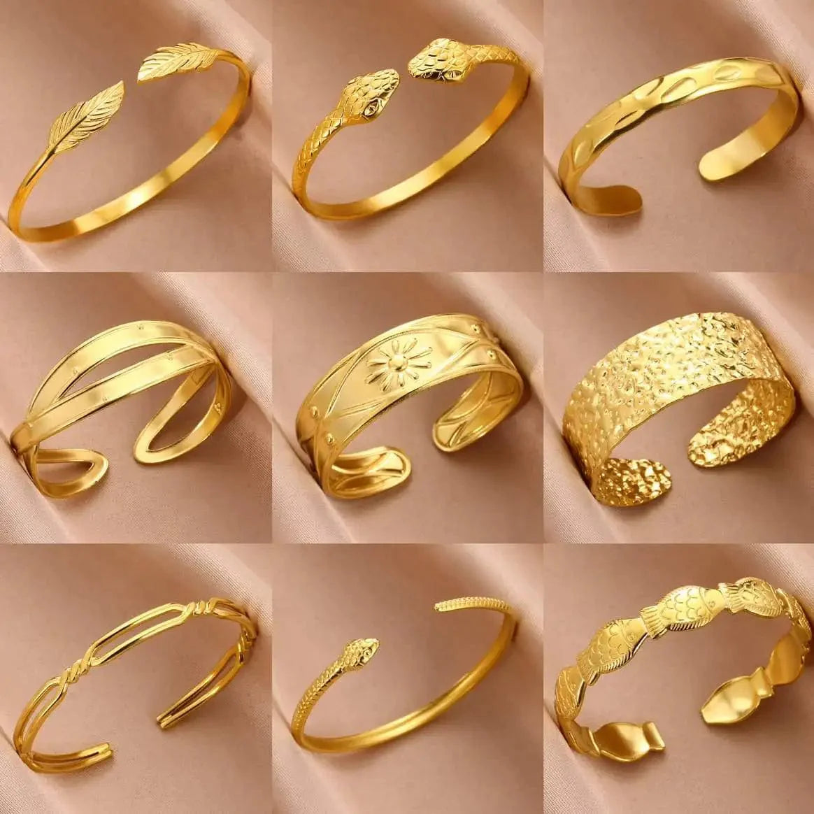 Vintage gold stainless steel cuff bracelet for women, minimalist and textured bangle, perfect for daily wear and elegant style.