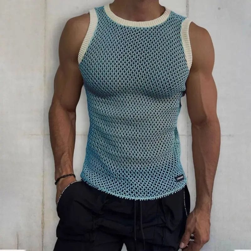Showlu Fashion men's slim fit tank top in contrast color, stylish summer sleeveless vest with crew neck and printed design.