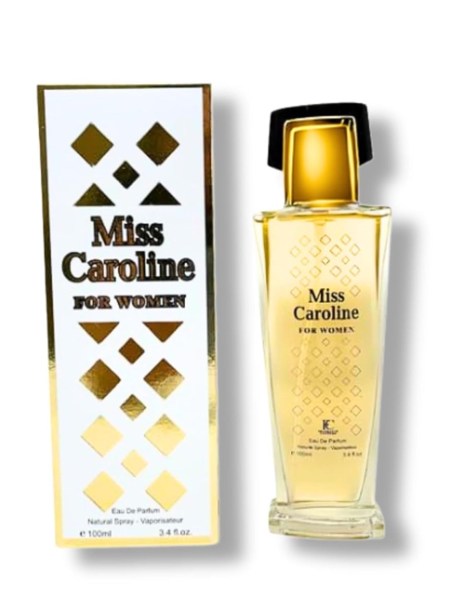 Miss Caroline Eau de Parfum bottle with floral and chypre notes, 3.4 oz, for women, elegant glass container with floral accents