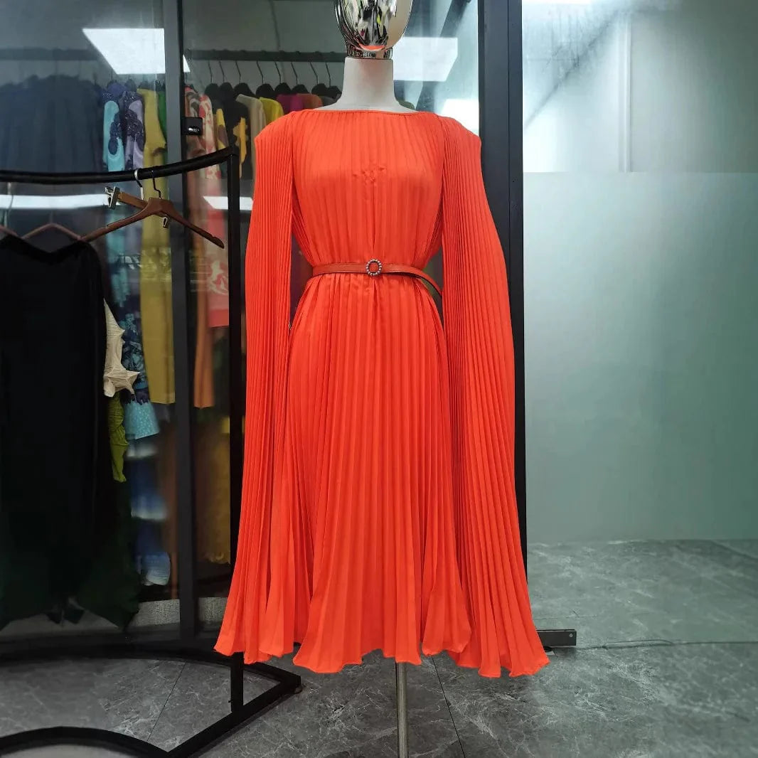 SHOWLU FASHION Miyake Fold A-Line Dress in solid color, loose fit, elegant design, perfect for autumn women's fashion.