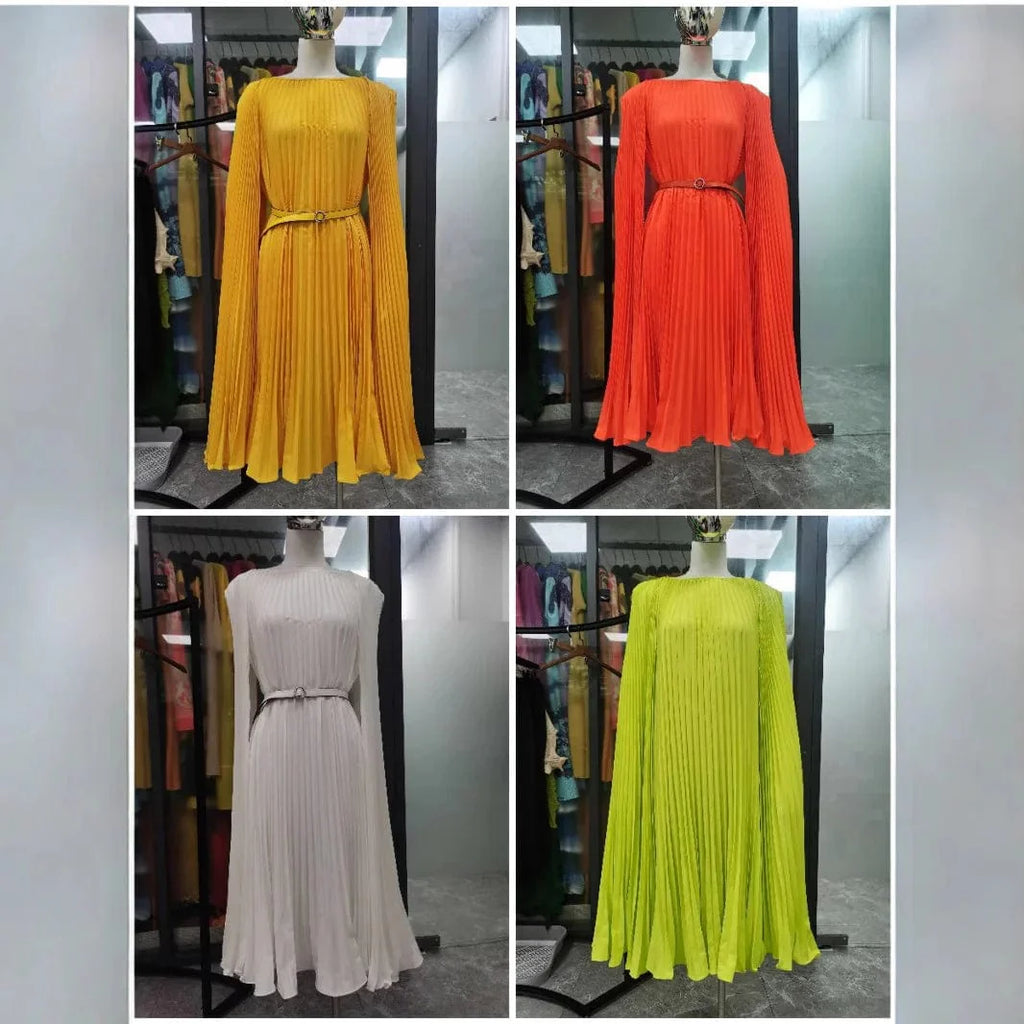 SHOWLU FASHION Miyake Fold A-Line Dress in solid color, featuring a loose fit and elegant design for women's autumn fashion.