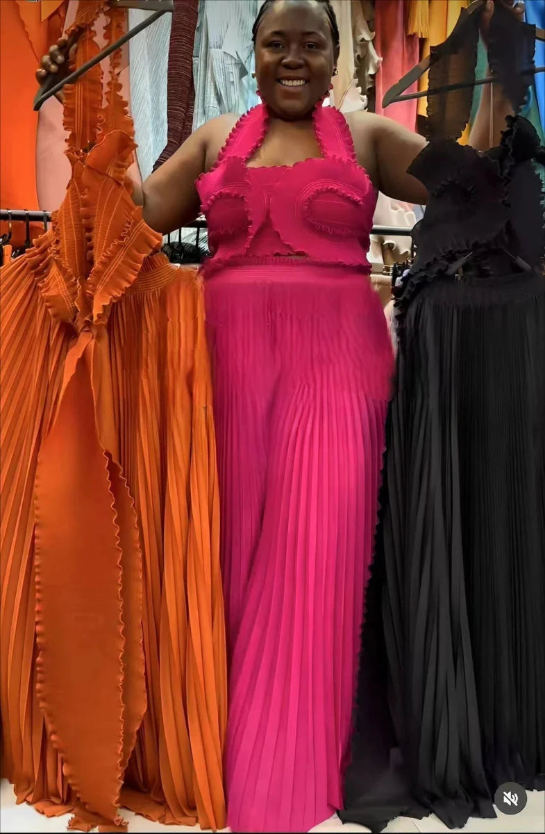 Miyake Pleated Two Piece Set with V-neck top and wide-leg pants, stylish solid color outfit for women, SHOWLU FASHION STORE.