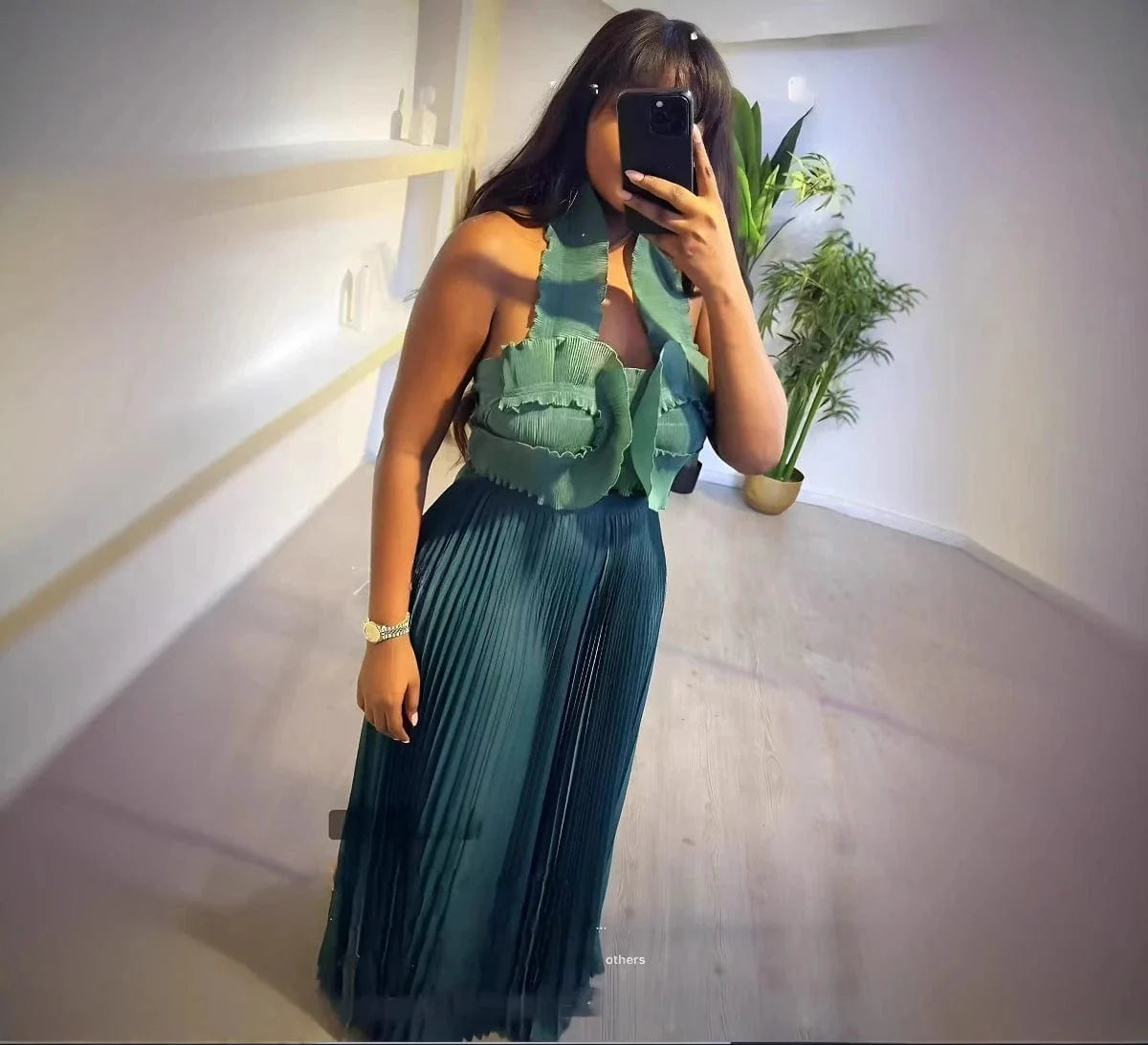 Miyake Pleated Two Piece Set with sexy V-neck top and wide-leg pants, stylish solid-color women's outfit from SHOWLU FASHION STORE