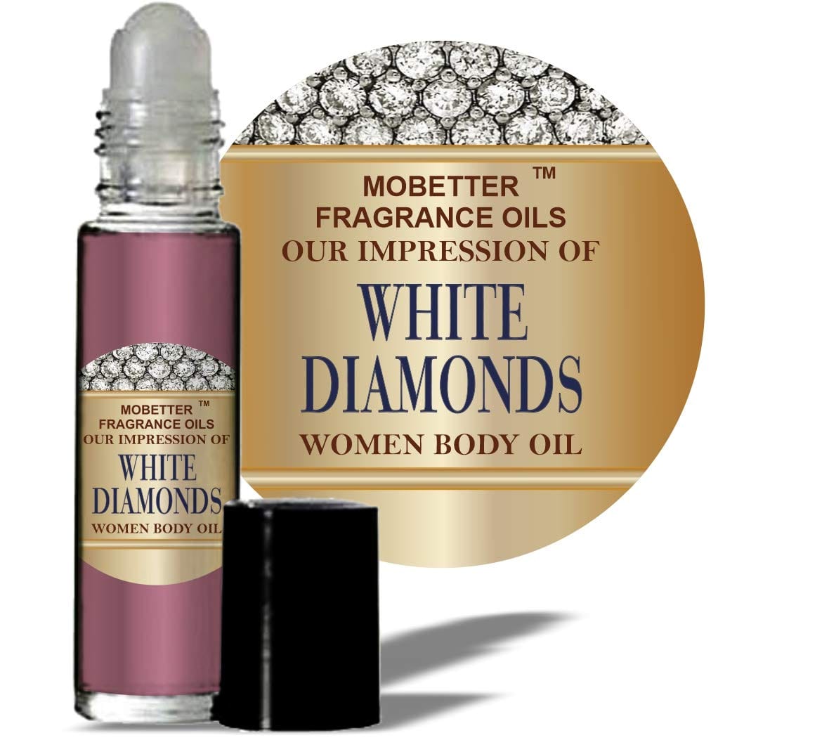 White Diamonds Impression fragrance oil for women in a roll-on perfume bottle, featuring a sleek white design and floral scent.