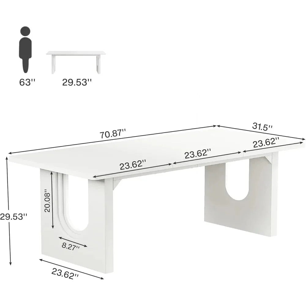 Modern white dining table by SHOWLU FASHION STORE with wood pedestal base, 71 inches long, seats 6-8 people, rectangular design.