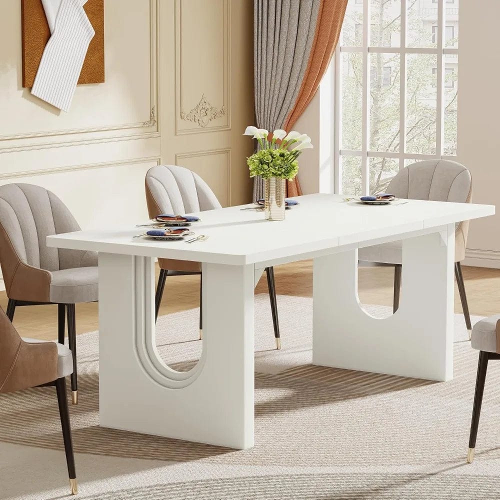 Modern white dining table by SHOWLU FASHION STORE, 71-inch rectangular wood pedestal base table for 6-8 people.