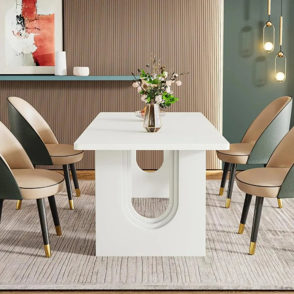 Modern Ticify 71-inch white dining table with a wood pedestal base, suitable for 6 to 8 people, rectangular kitchen table.