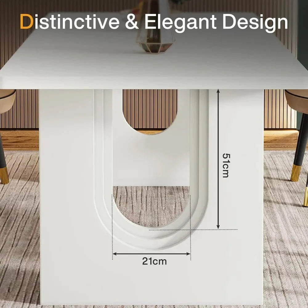 Modern white dining table by SHOWLU FASHION STORE, 71 inches long with wood pedestal base, seats 6-8 people, rectangular shape.