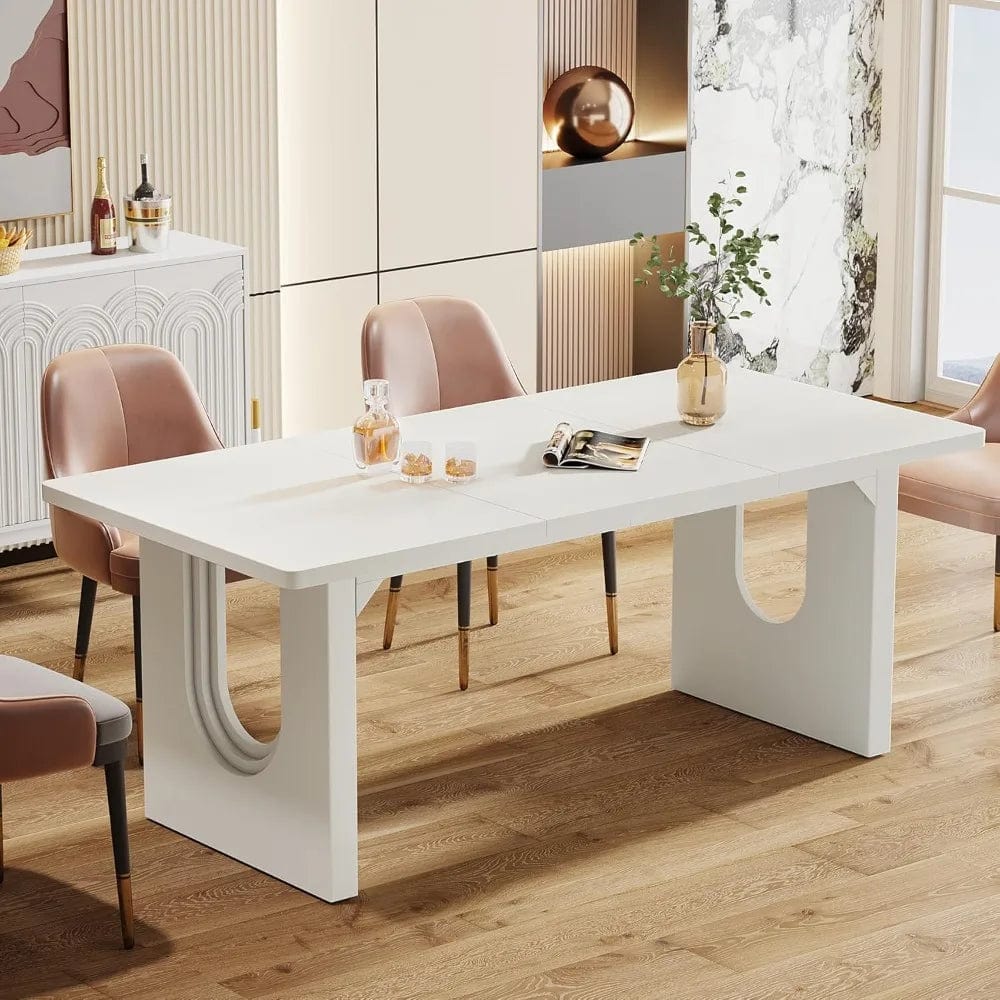Modern white dining table by SHOWLU FASHION STORE, 71-inch wood pedestal base, rectangle shape for 6-8 people, kitchen or dining room.