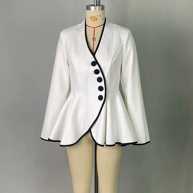 Modigirl women's deep V-neck slim jacket with long sleeves, buttoned front, elegant outerwear for fall and spring.
