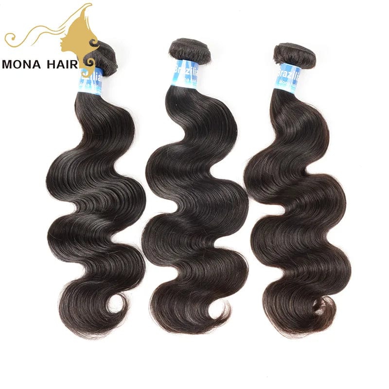 Mona Brazilian Virgin Hair Bundles with Closure, 10A raw mink human hair, cuticle aligned, natural black, Showlu Fashion Store.