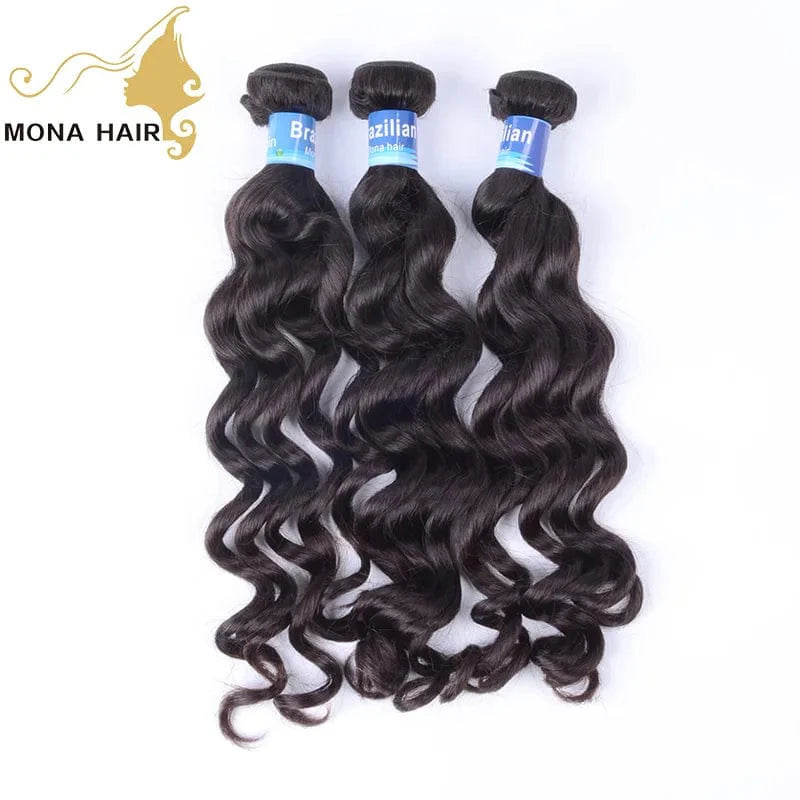 Mona Brazilian Virgin Hair Bundles with Closure, 10A raw mink human hair weave, cuticle aligned, natural black color, Showlu Fashion