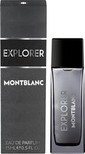 Montblanc Explorer Eau de Parfum for men, woody aromatic fragrance with sage, sandalwood, and patchouli notes, stylish bottle.