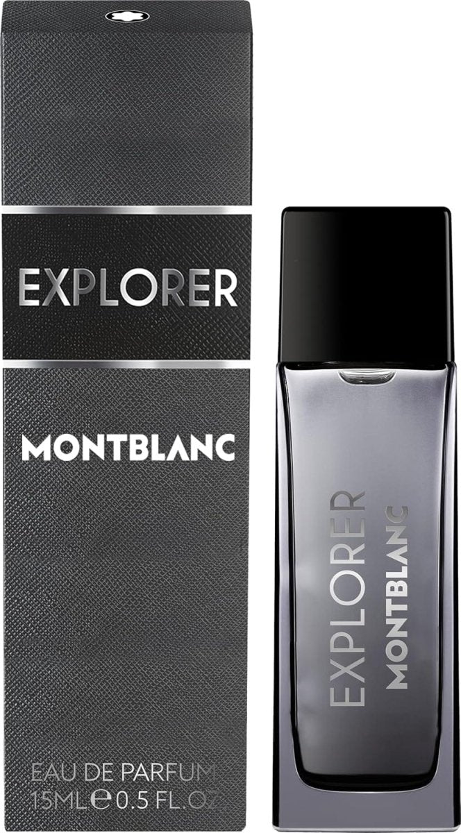 Montblanc Explorer Eau de Parfum for men, woody aromatic fragrance with sage, sandalwood, and patchouli notes, stylish bottle.