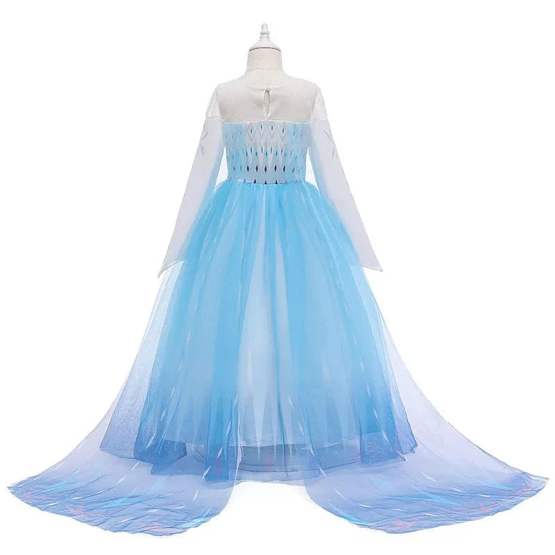 Girls' Elsa and Anna party dress by Showlu Fashion with removable cloak, size 4-15 years, featuring movie character design.
