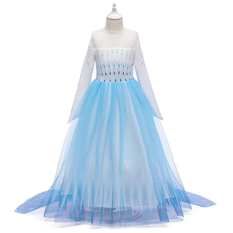 Girls' Elsa and Anna party dress by MQATZ with removable cloak, featuring movie character prints and vibrant blue and pink colors.